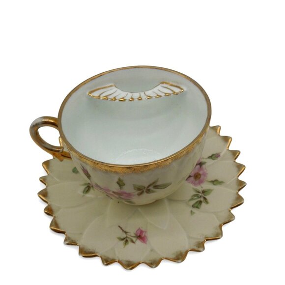 MOUSTACHE and Tea CUP with SAUCERS Delicate Floral Set with Gold Trim Vintage - Picture 8 of 15